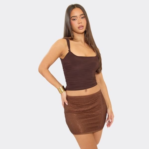 EGO Mid Rise Rhinestone Detail Bodycon Mini Skirt In Chocolate Brown, Women's Size UK 6 - 1