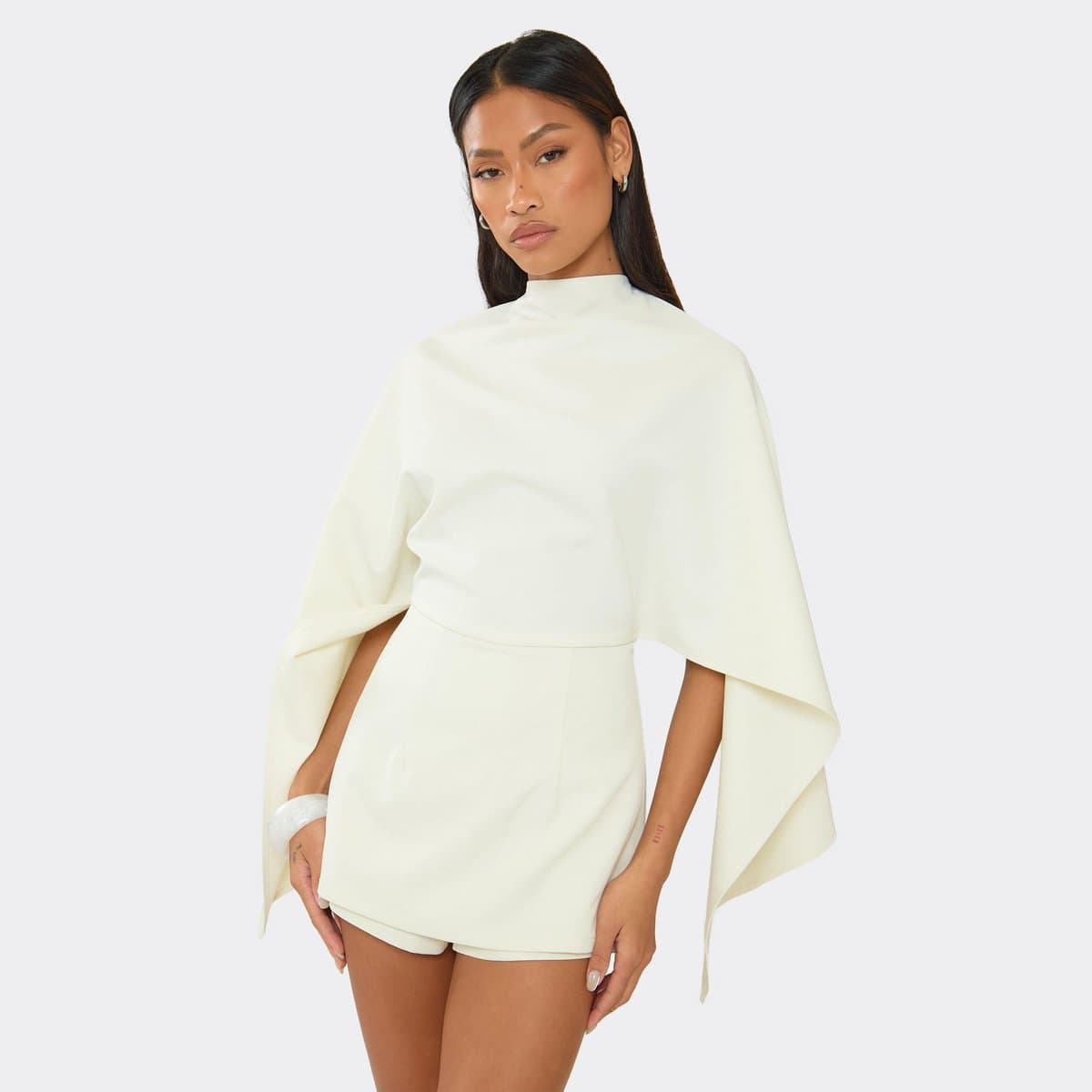 EGO Cape Open Back Playsuit In Cream Woven, Women's Size UK 6