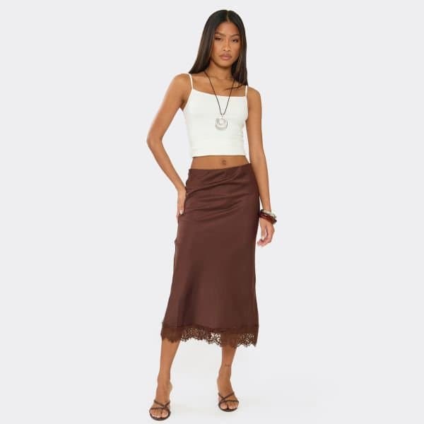 EGO Mid Rise Lace Trim Midi Skirt In Chocolate Brown Satin, Women's Size UK Large L