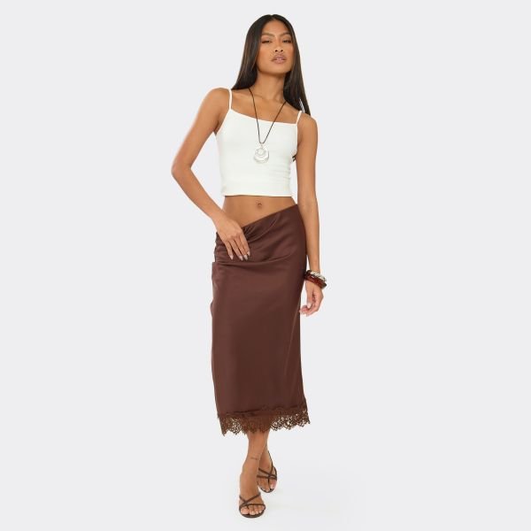 EGO Mid Rise Lace Trim Midi Skirt In Chocolate Brown Satin, Women's Size UK Large L - 2