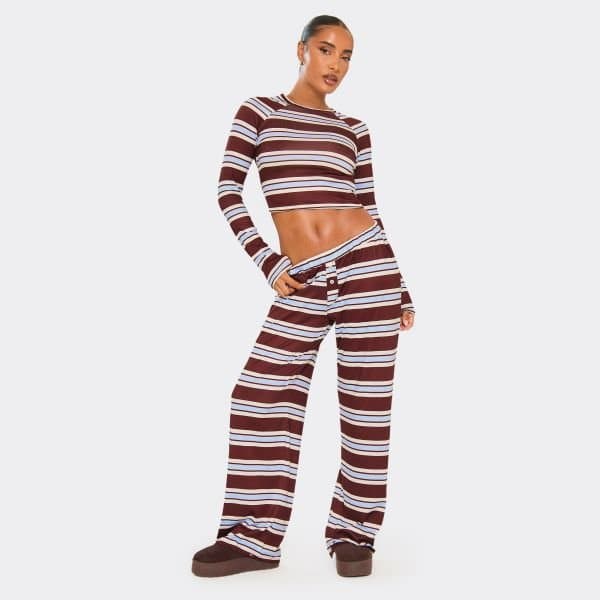 EGO Button Front Wide Leg Trousers In Brown Stripe, Women's Size UK 14