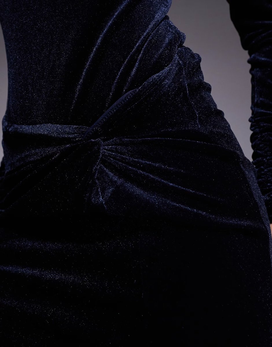 ASOS Ruched & Ready high waisted sculpting twist detail velvet maxi skirt co-ord in navy  - 3