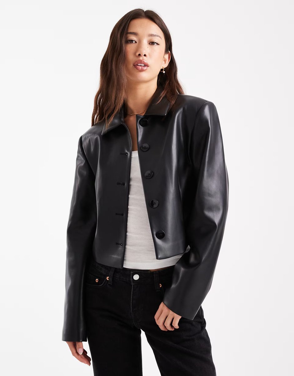 ASOS ASOS DESIGN faux leather collared fitted jacket co ord in black - 3
