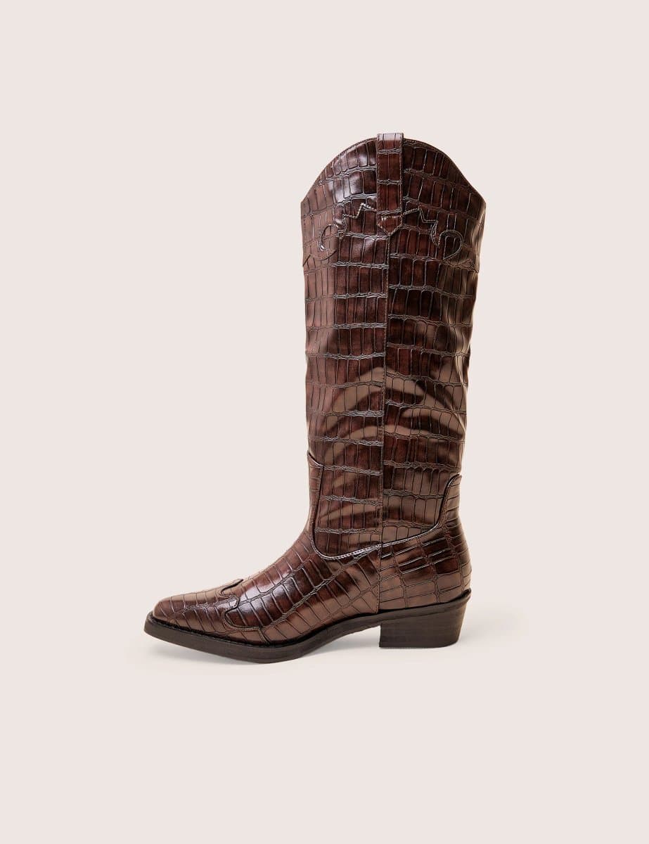 Public Desire Apollo Brown Croc Wide Fit Flat Western Knee High Boots