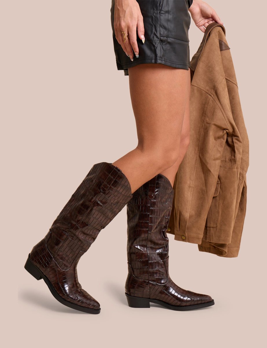 Public Desire Apollo Brown Croc Wide Fit Flat Western Knee High Boots - 2