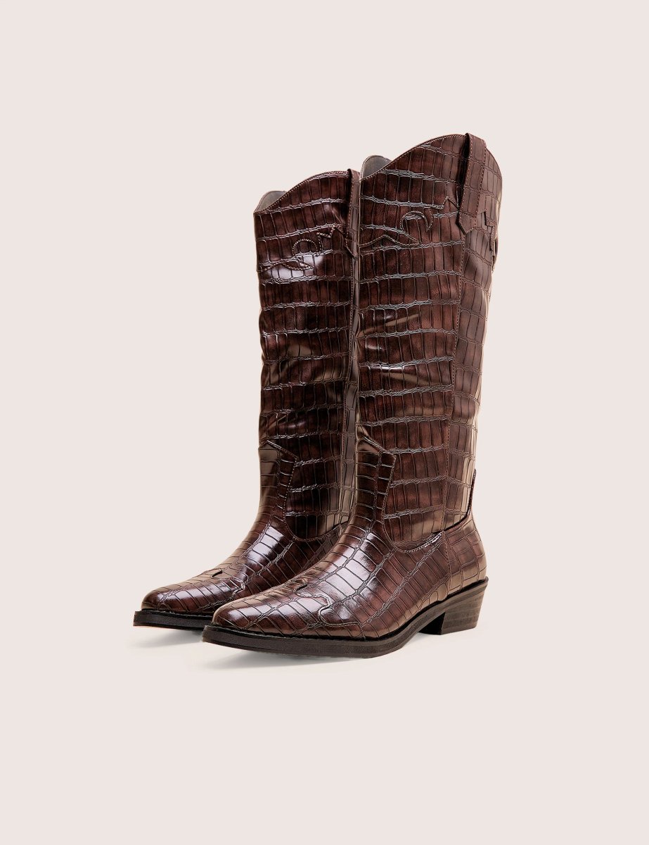 Public Desire Apollo Brown Croc Wide Fit Flat Western Knee High Boots - 3