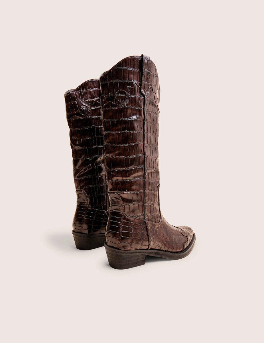 Public Desire Apollo Brown Croc Wide Fit Flat Western Knee High Boots - 4