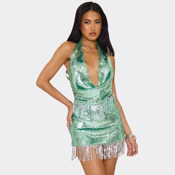 EGO Cowl Neck Top In Green Metallic Sequin, Women's Size UK 6