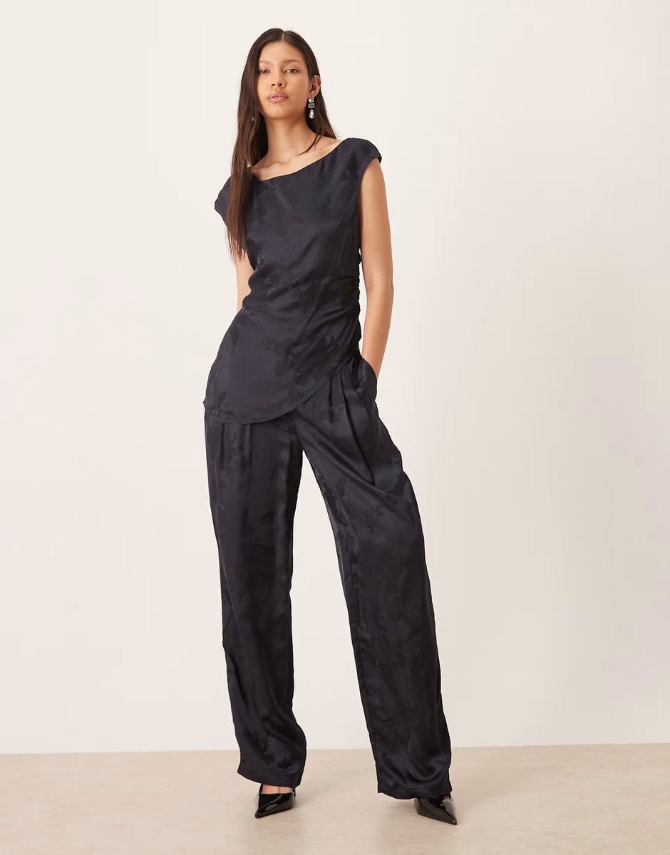 ASOS ASOS DESIGN tailored satin jacquard ruched top and trousres co-ord in navy - 2