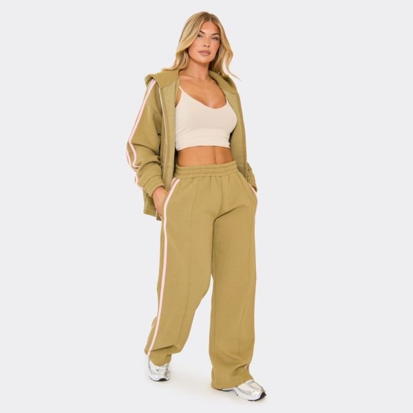 EGO Oversized Mid Rise Contrast Stripe Straight Leg Joggers In Olive Green, Women's Size UK 4 - 1