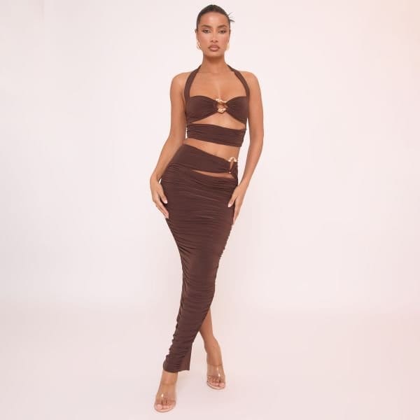 EGO Mid Rise Cut Out Trim Detail Maxi Skirt In Brown, Women's Size UK 4 - 1
