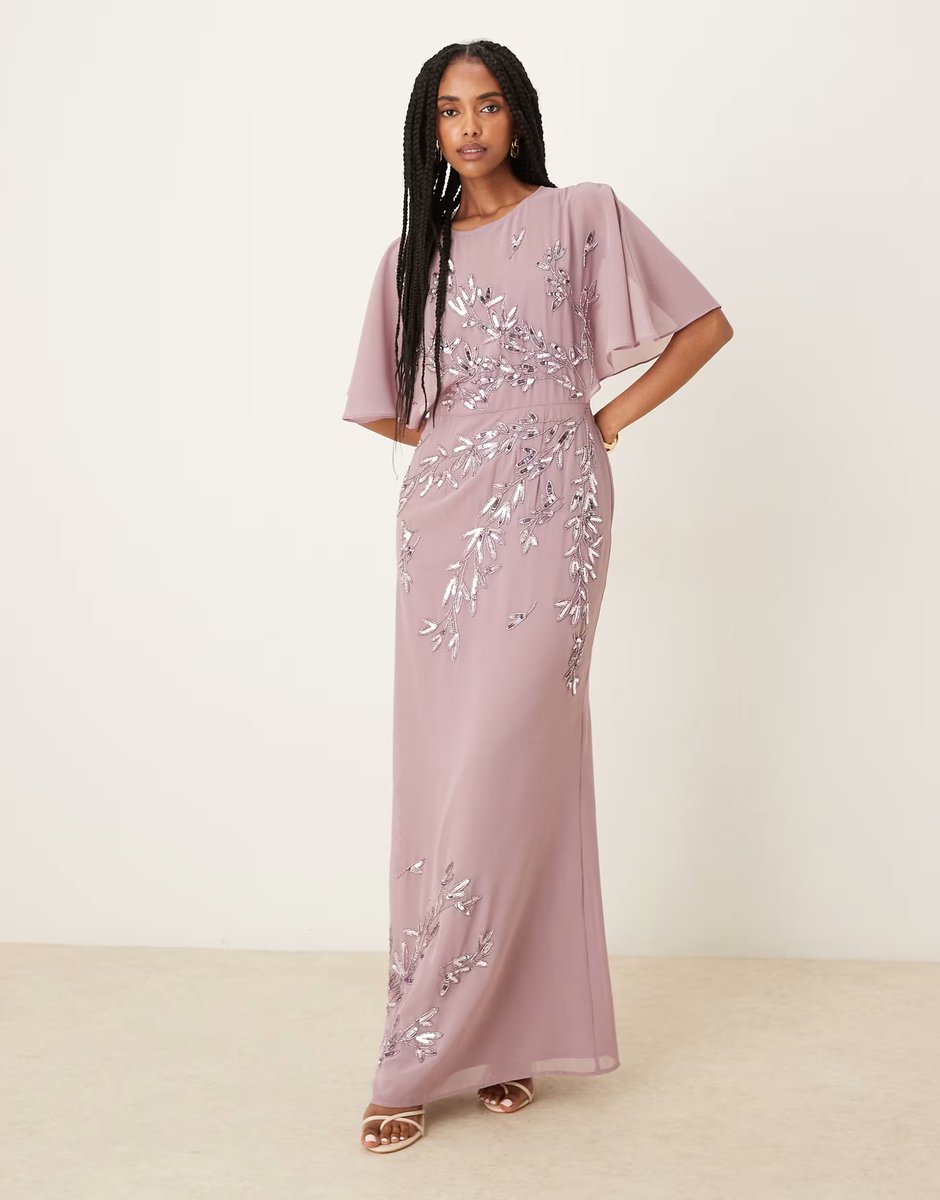 ASOS Maya Floral embellished angel sleeve maxi dress in moody lilac - 1