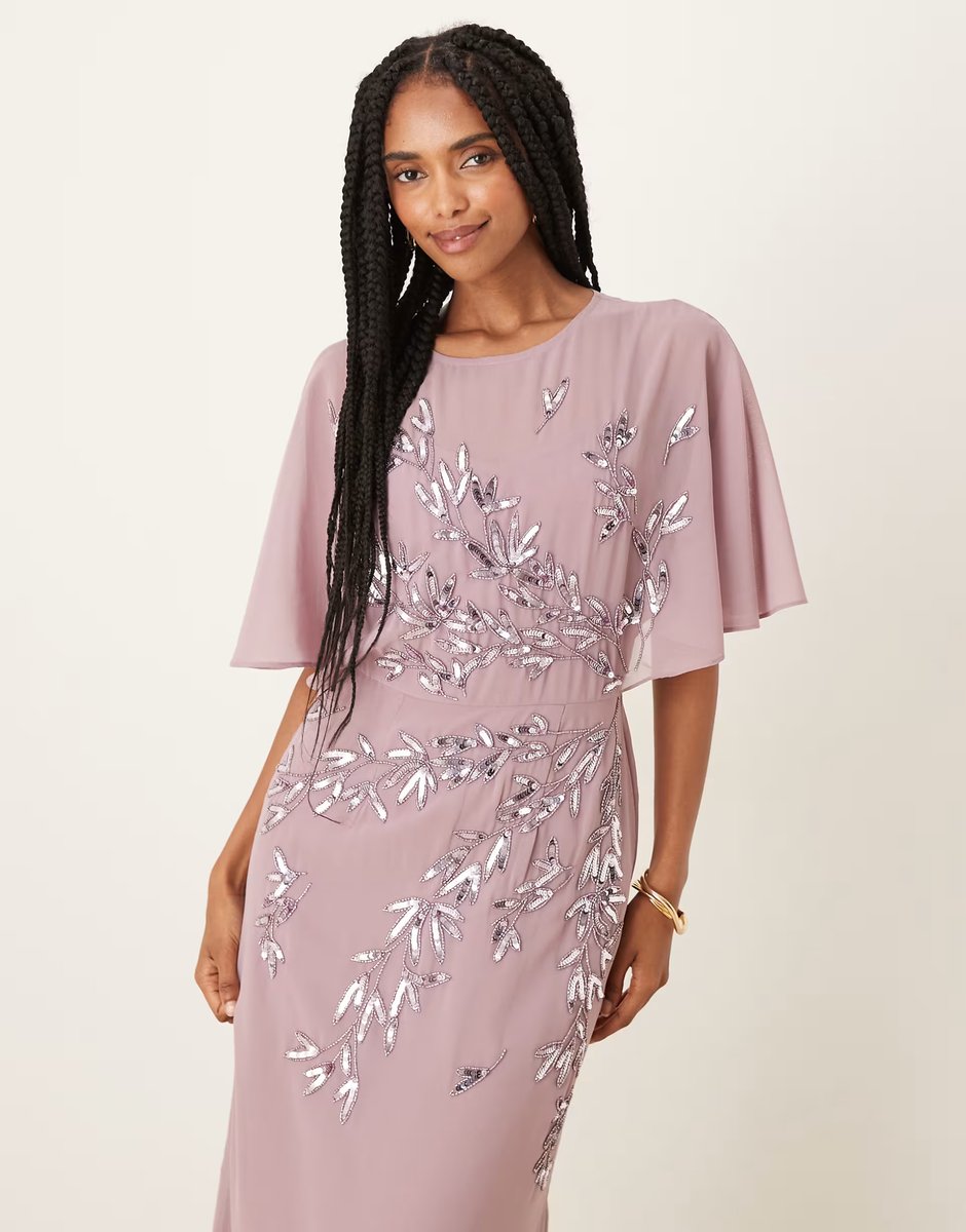 ASOS Maya Floral embellished angel sleeve maxi dress in moody lilac - 2