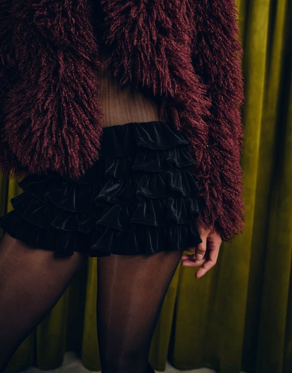 ASOS The Frolic exclusive velvet ruffle bloomer shorts co-ord in black