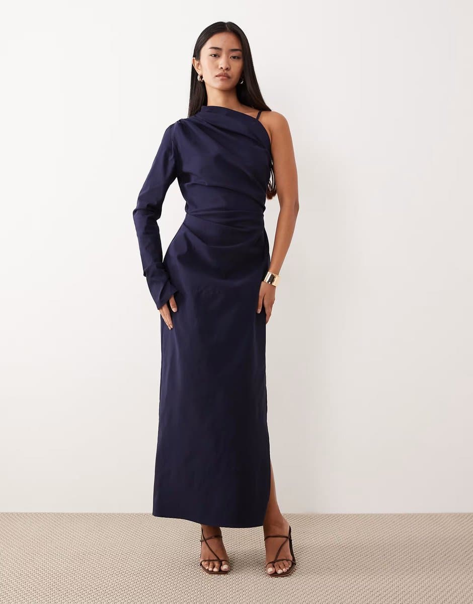ASOS ASOS DESIGN one shoulder draped midi dress in navy