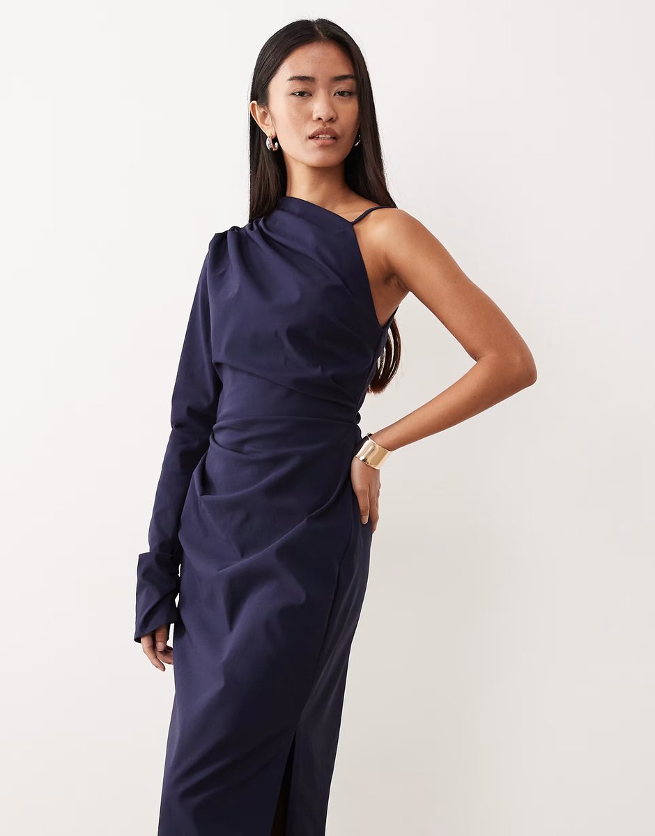 ASOS ASOS DESIGN one shoulder draped midi dress in navy - 3