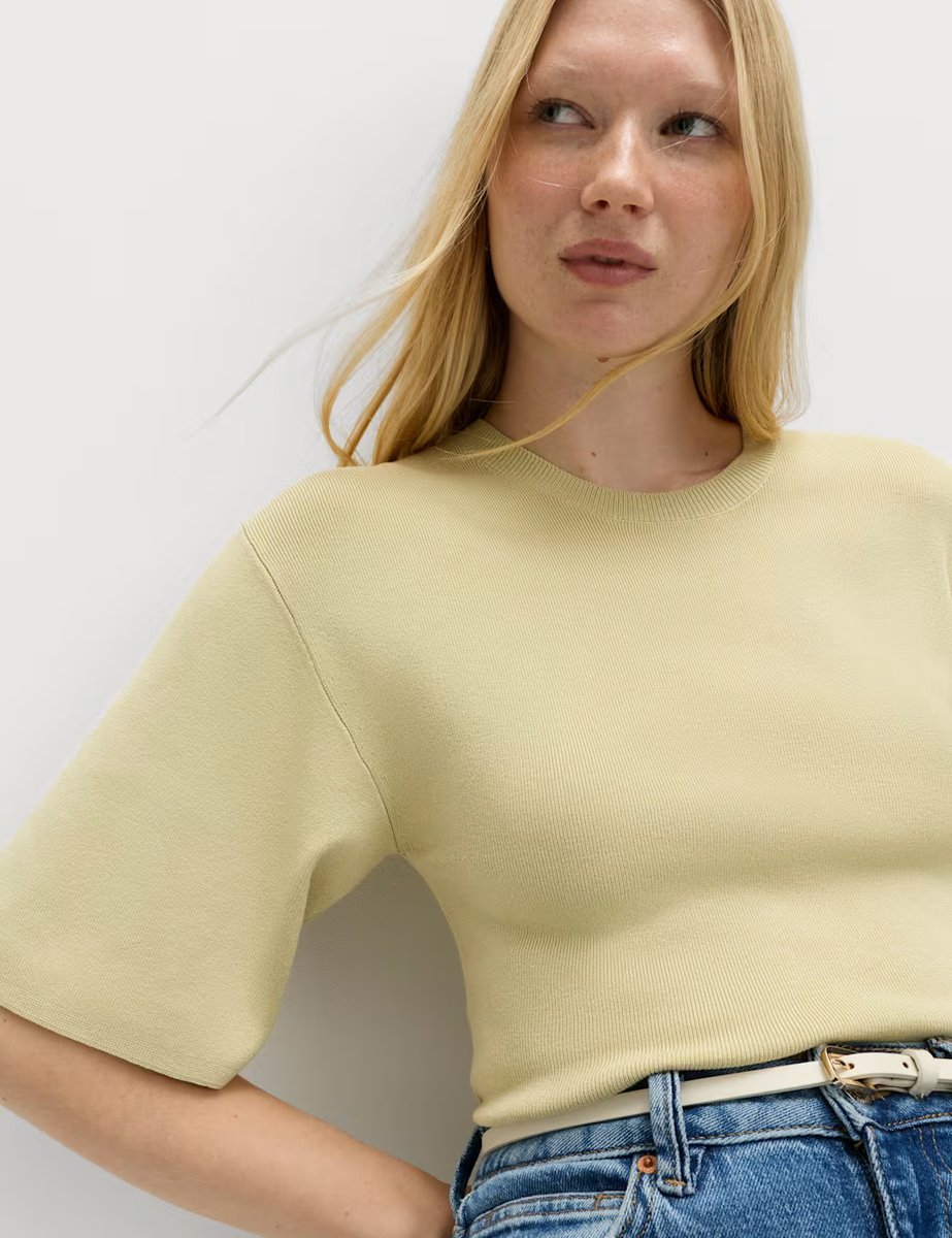 Marks & Spencer M&S Crew Neck Waisted Slim Fit Knitted Top Camomile - 2