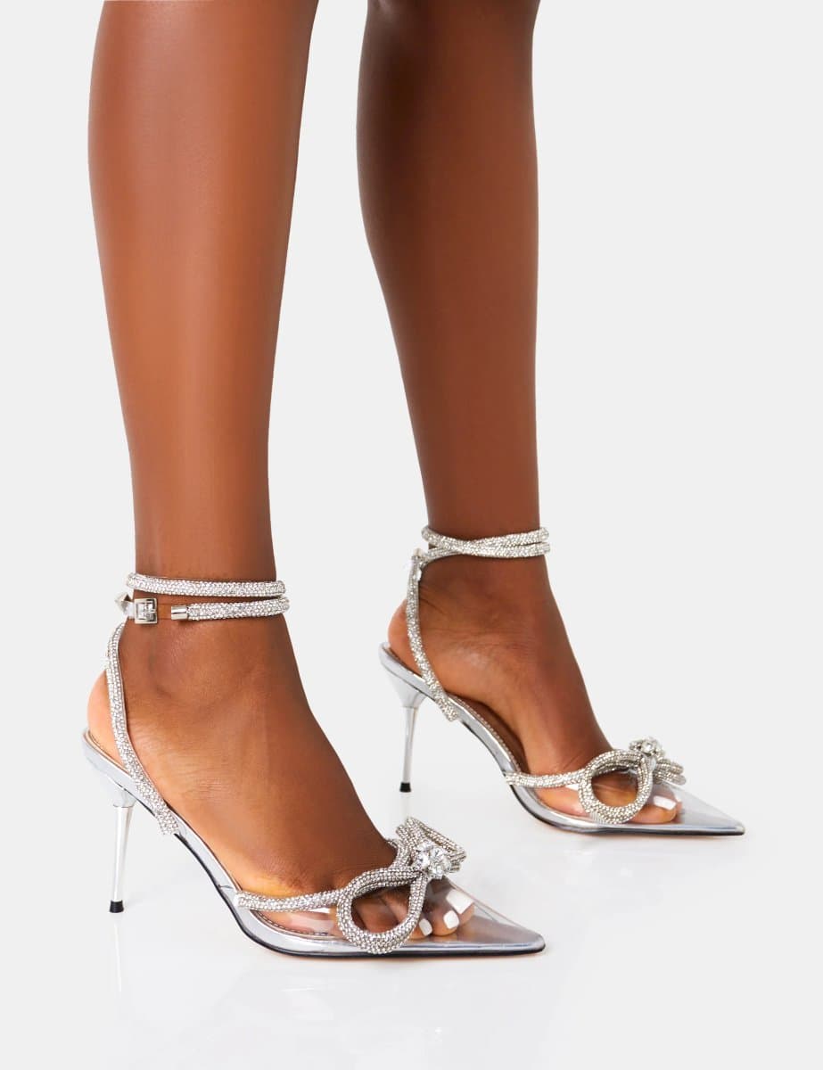 Public Desire Midnight Mid heel Clear Perspex Wrap Around Diamante Bow Pointed Toe