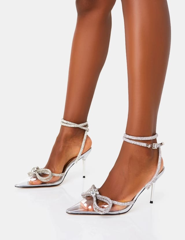 Public Desire Midnight Mid heel Clear Perspex Wrap Around Diamante Bow Pointed Toe - 3