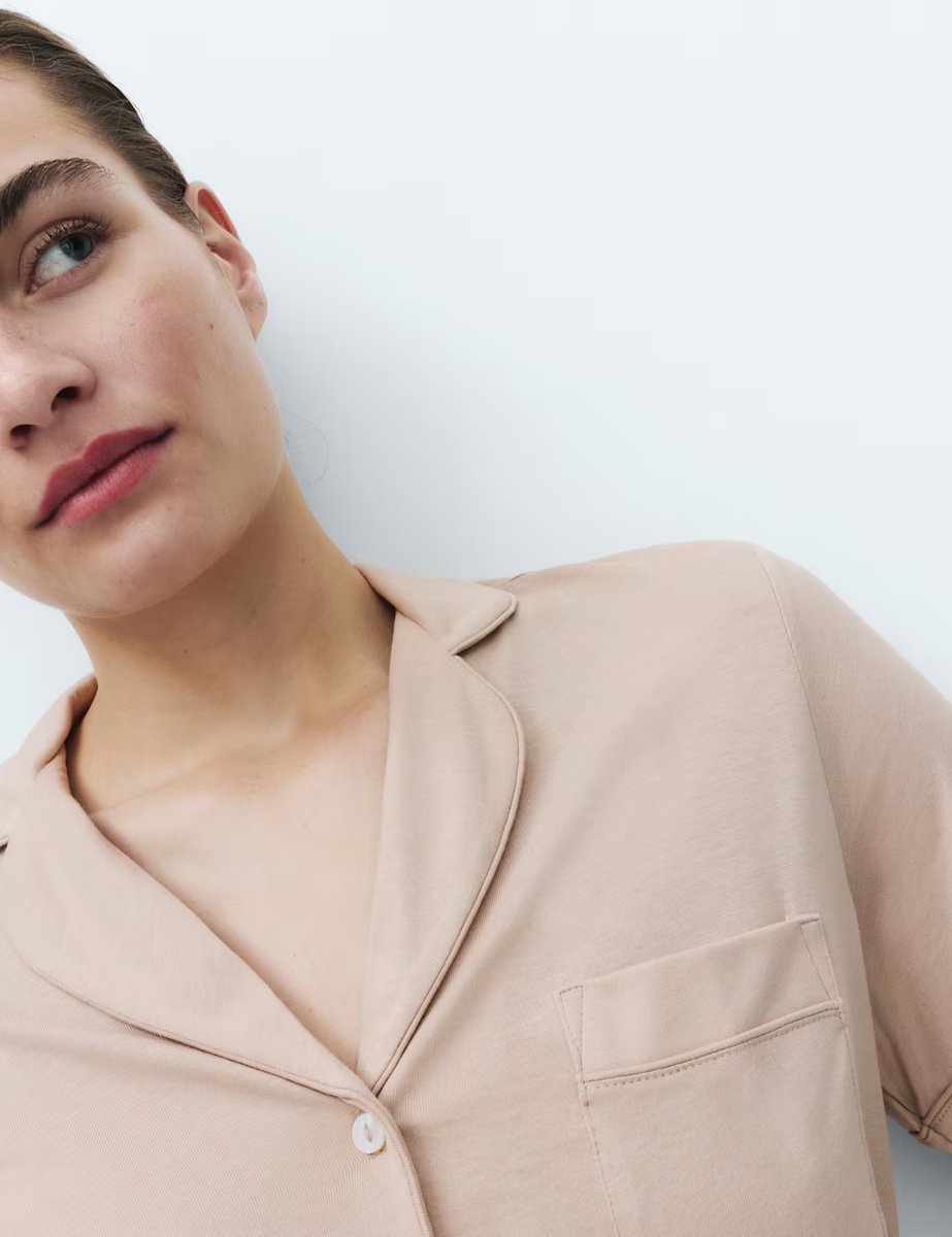 Marks & Spencer M&S Cotton Modal Revere Shortie Pyjama Set Fawn - 2