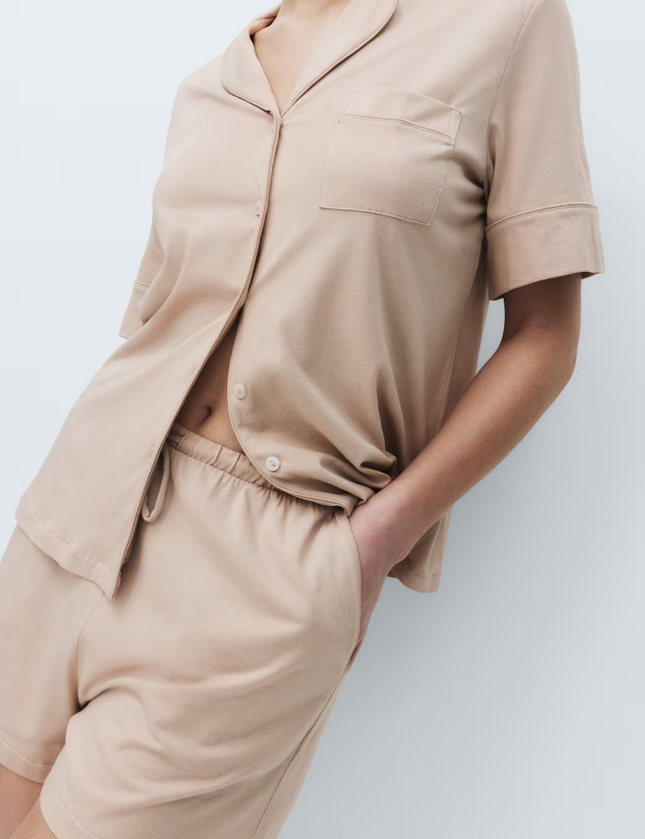 Marks & Spencer M&S Cotton Modal Revere Shortie Pyjama Set Fawn - 4