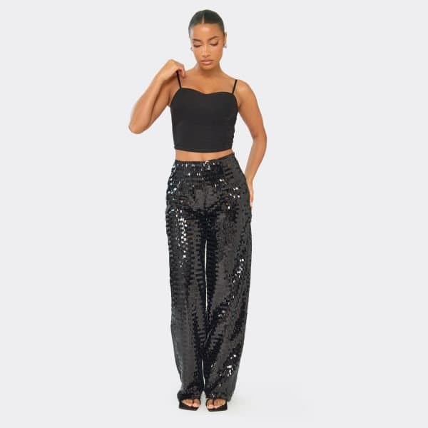 EGO Mid Rise Straight Leg Trousers In Black Sequin, Women's Size UK 6