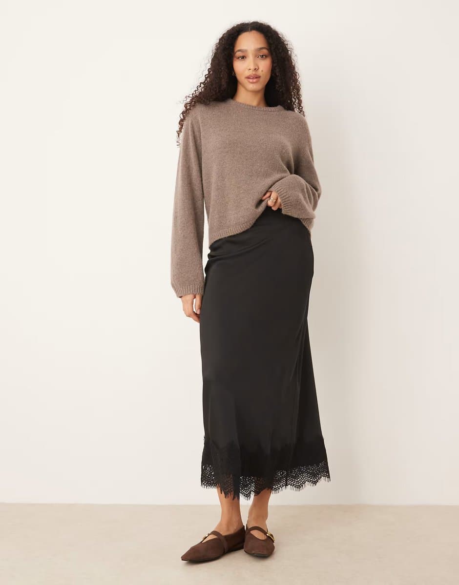 ASOS Vila satin maxi skirt with lace trim in black