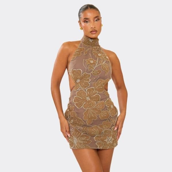 EGO High Neck Open Back Embellished Detail Mini Dress In Light Brown, Women's Size UK 6