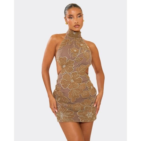 EGO High Neck Open Back Embellished Detail Mini Dress In Light Brown, Women's Size UK 6 - 2
