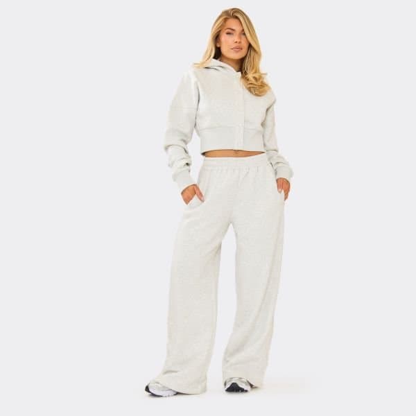 EGO Low Rise Popper Detail Wide Leg Joggers In Light Grey Marl, Women's Size UK 6