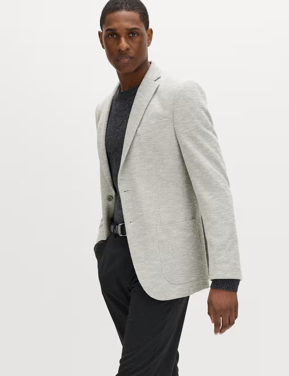 Marks & Spencer M&S Tailored Fit Textured Stretch Blazer in Light Grey Mix