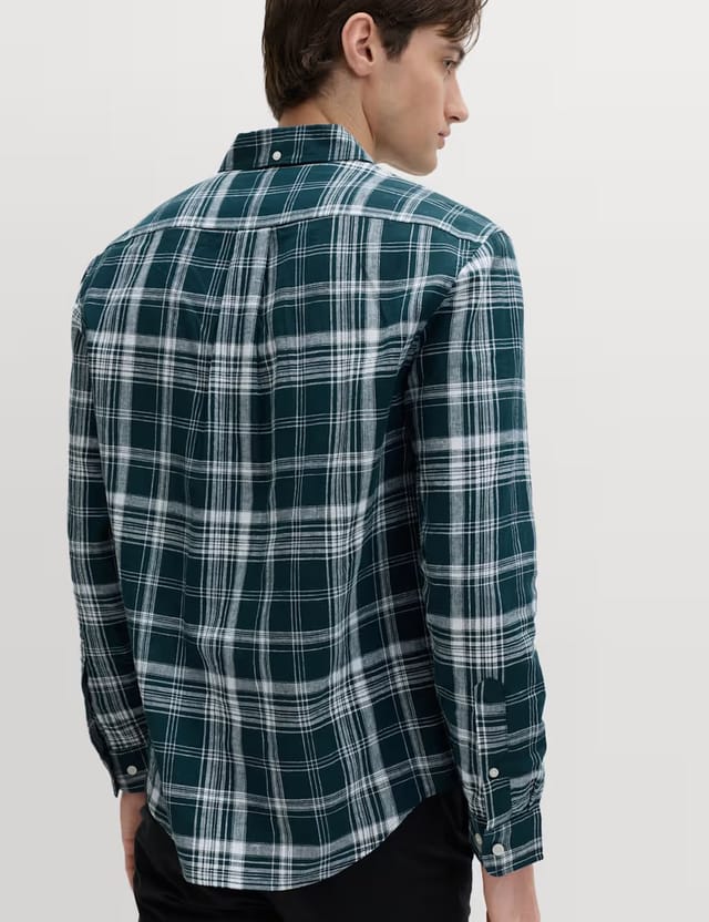 Marks & Spencer M&S Linen Cotton Blend Check Shirt Blue Mix - 3