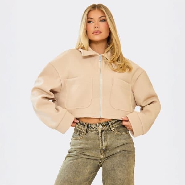 EGO Long Sleeve Zip Up Detail Cropped Biker Jacket In Stone Wool, Women's Size UK 6