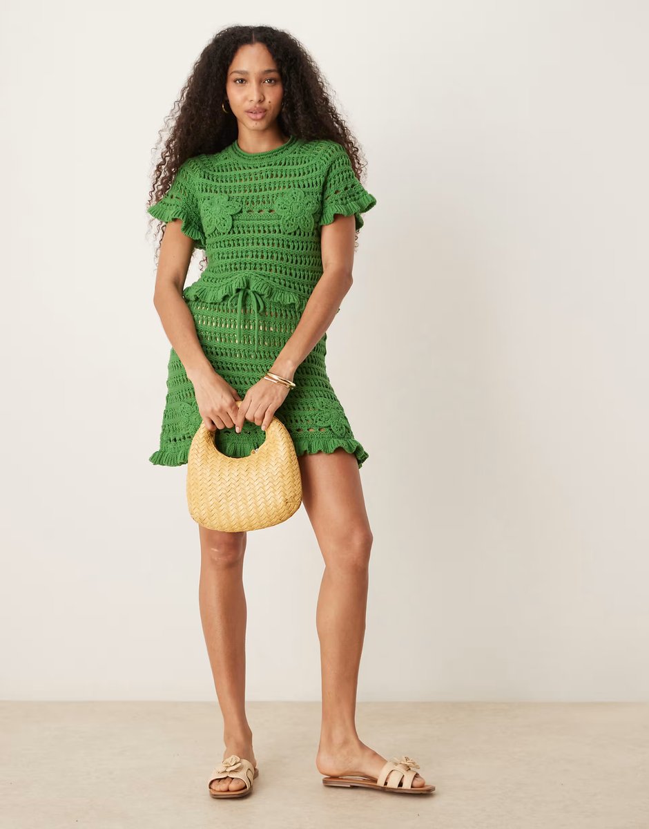 ASOS ASOS DESIGN open stitch t-shirt & mini skirt with crochet applique co-ord in khaki - 1