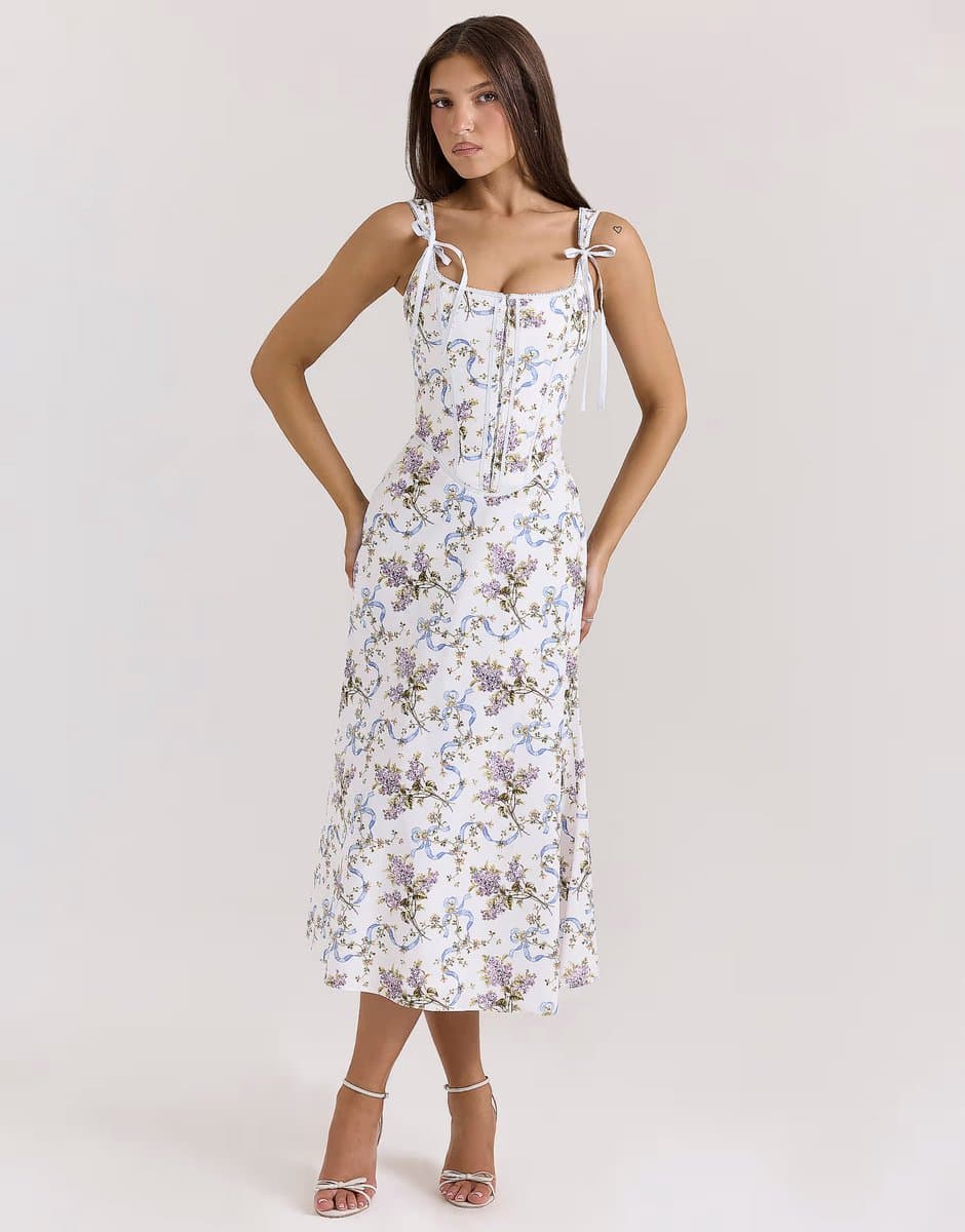 ASOS House of CB Dionne floral print cotton midi dress in off white