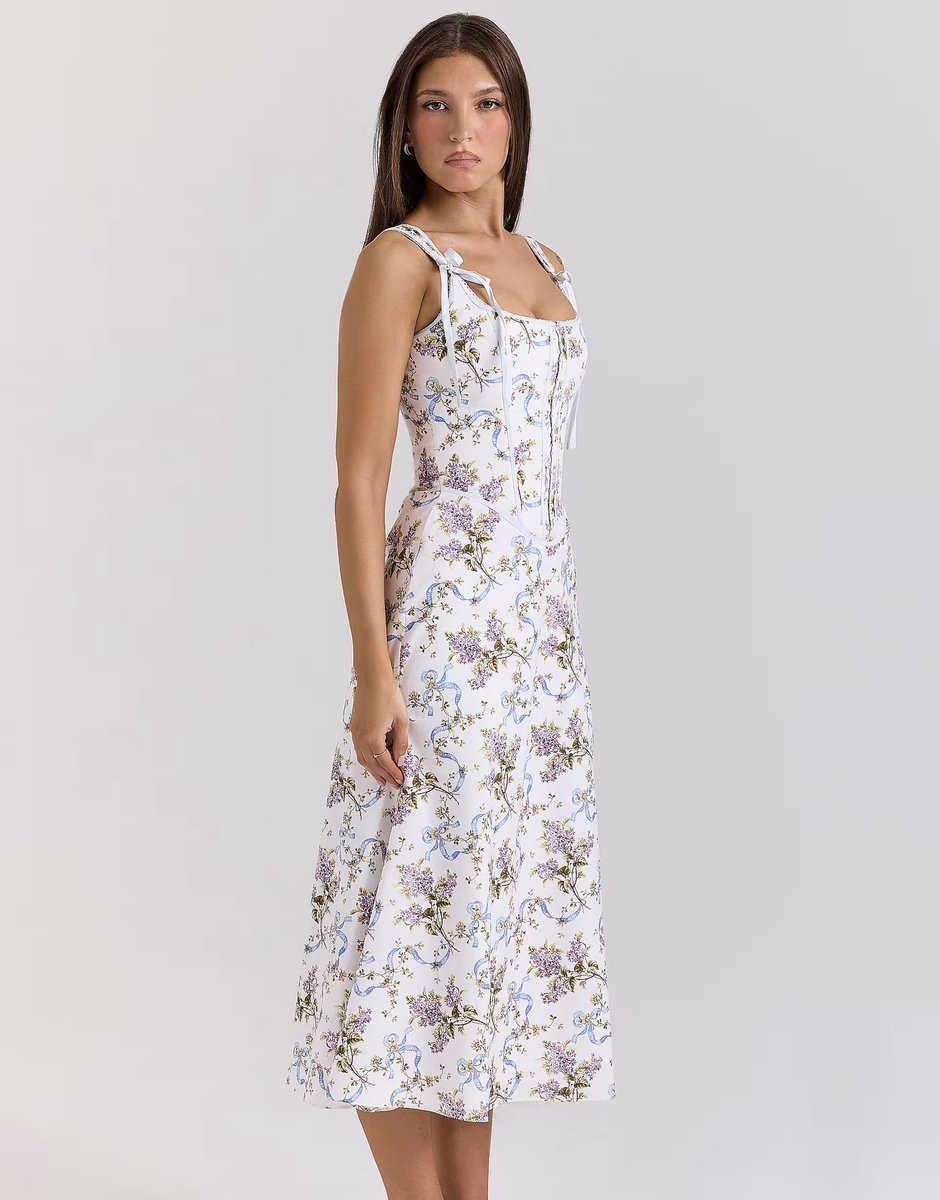 ASOS House of CB Dionne floral print cotton midi dress in off white - 4
