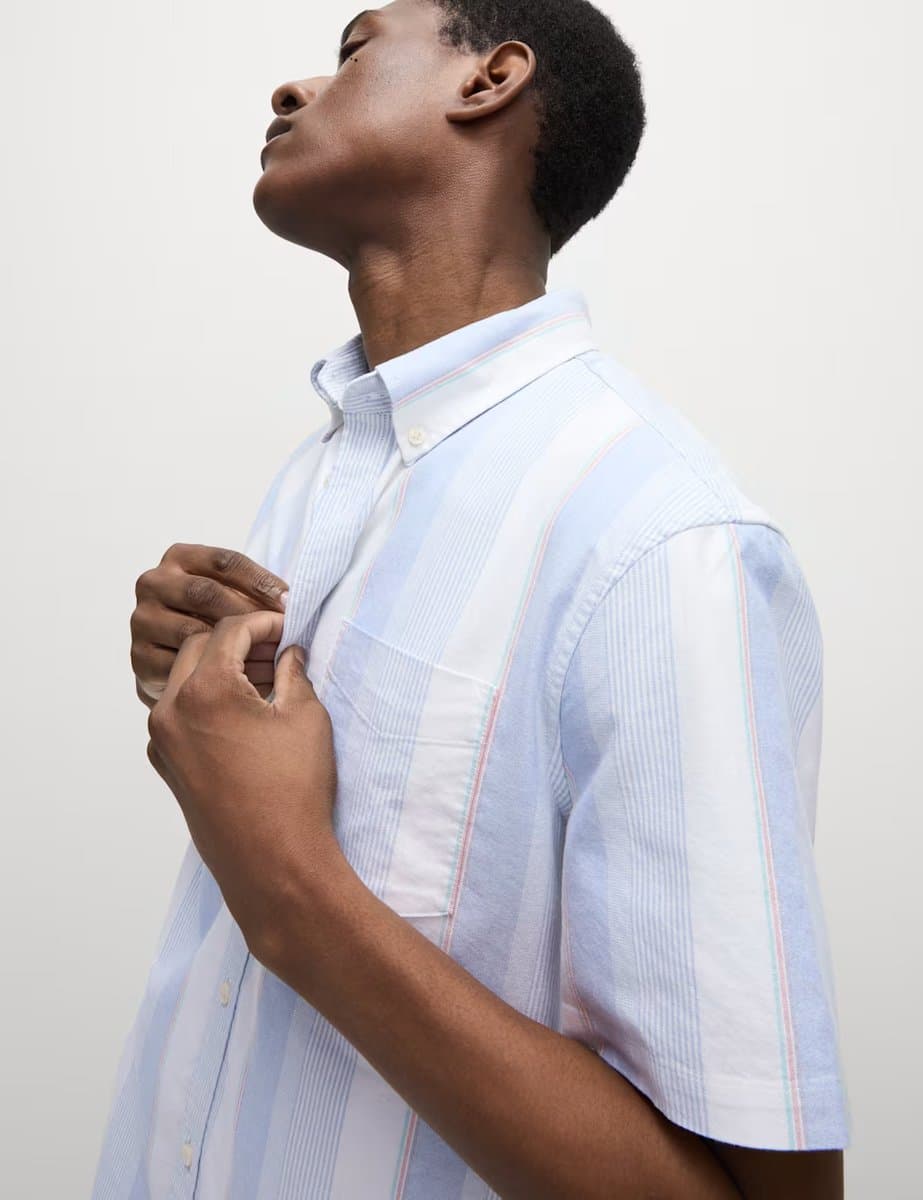 Marks & Spencer M&S Cotton Rich Striped Shirt Blue Mix