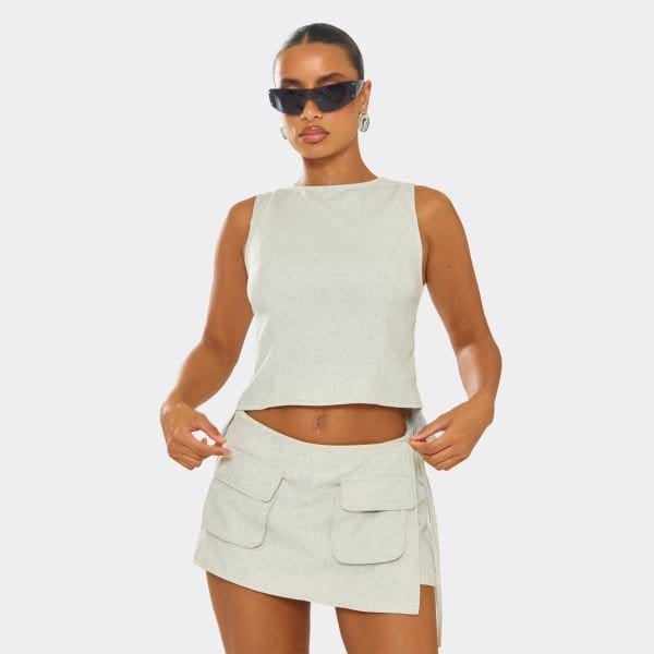 EGO Sleeveless Tie Back Detail Fitted Top In Stone, Women's Size UK 6 - 1