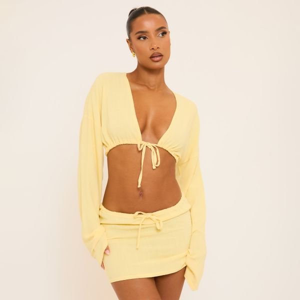 EGO Long Flared Sleeve Tie Front Detail Crop Top In Yellow Linen, Women's Size UK 10 - 1