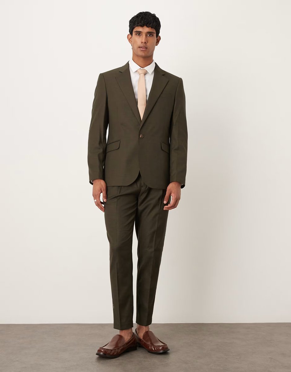 ASOS ASOS DESIGN slim suit jacket in olive green marl texture - 2