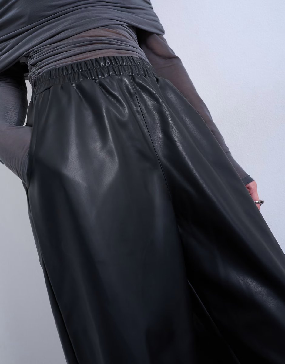 ASOS Topshop faux leather awkward length pull on trouser in black - 3