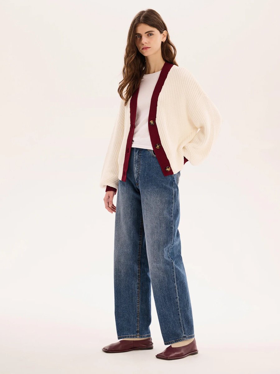 OMNES Hopper Cotton Cardigan in Cream/Burgundy - 2