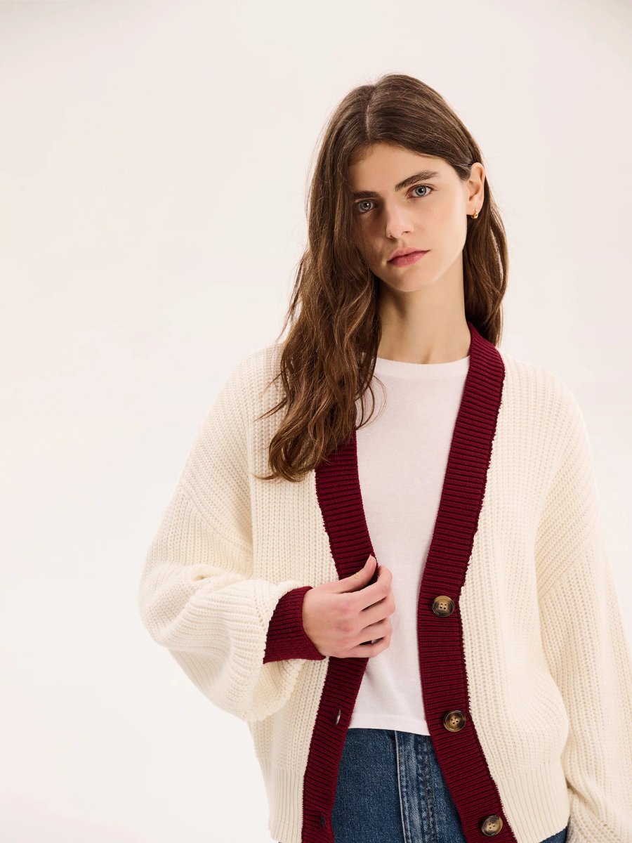 OMNES Hopper Cotton Cardigan in Cream/Burgundy - 3