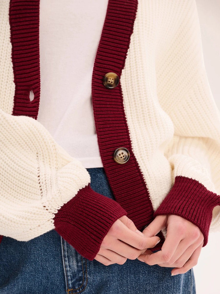 OMNES Hopper Cotton Cardigan in Cream/Burgundy - 4