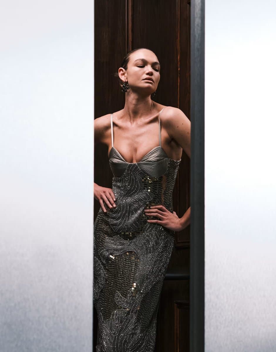 ASOS ASOS DESIGN oversized floral embellished sequin maxi dress with bust cup detail in light khaki