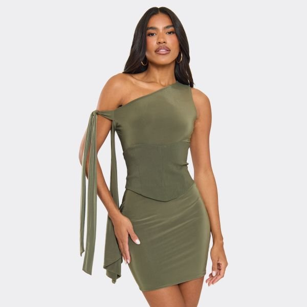 EGO Off The Shoulder Drape Detail Corseted Mini Dress In Khaki Green, Women's Size UK 6 - 1