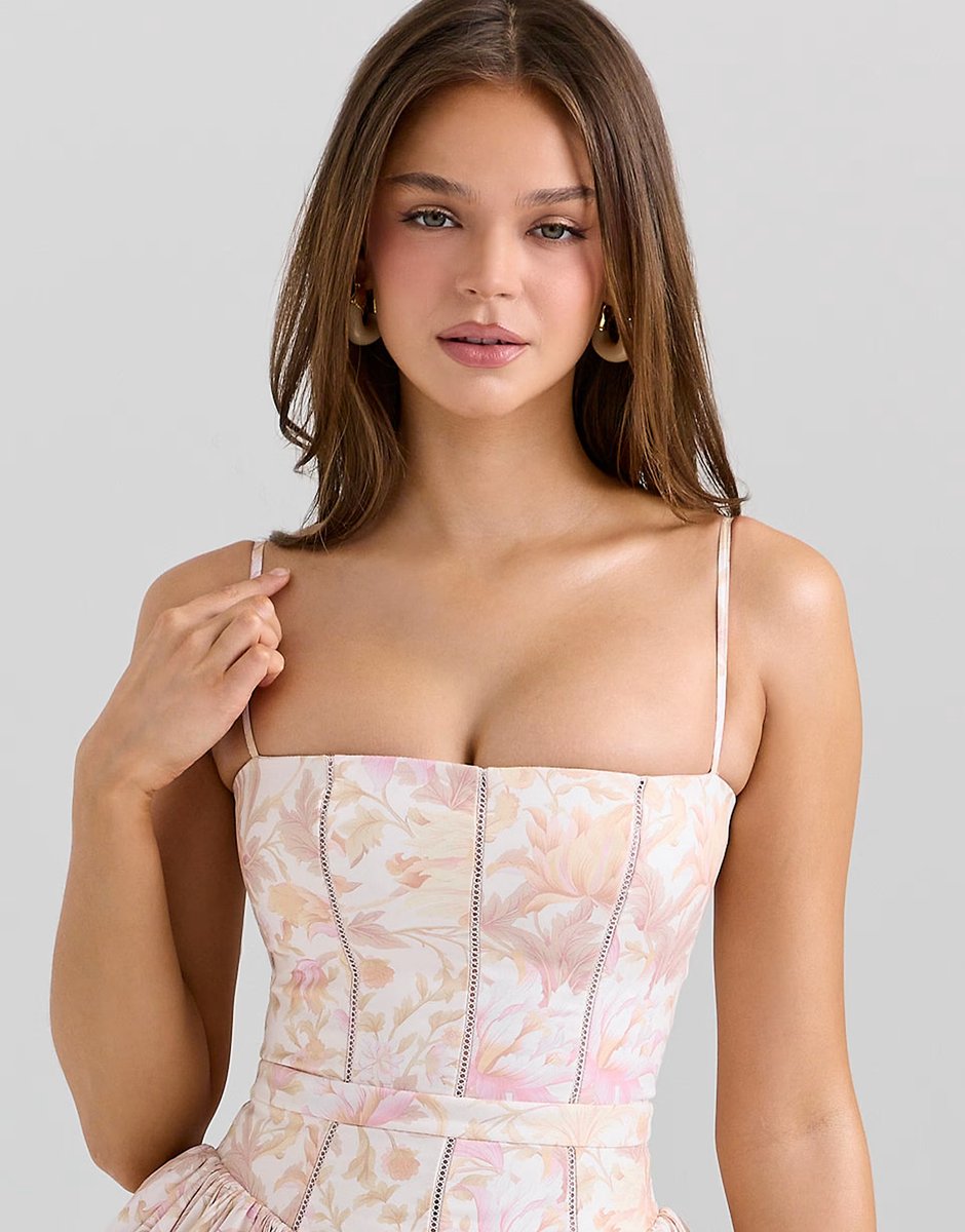 ASOS House of CB Ysabella peach floral print stretch cotton mini sundress in peach floral print - 3