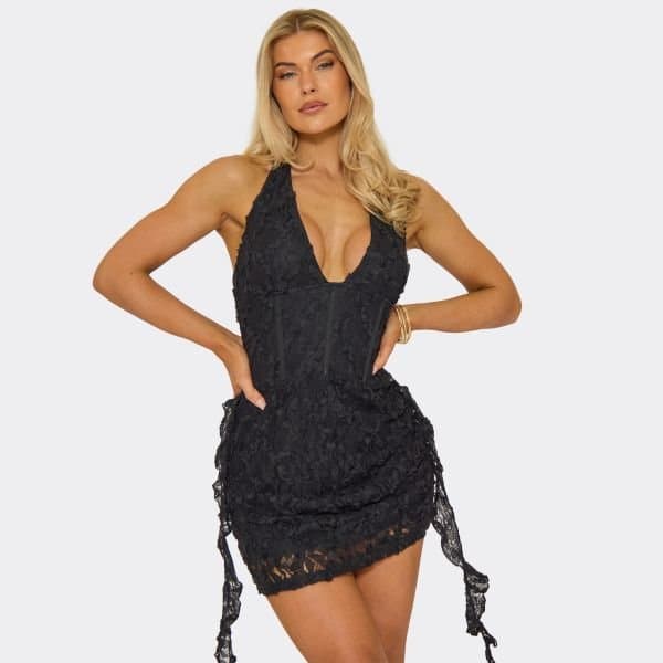 EGO Halterneck Corset Drape Detail Mini Skater Dress In Black Texture, Women's Size UK 6