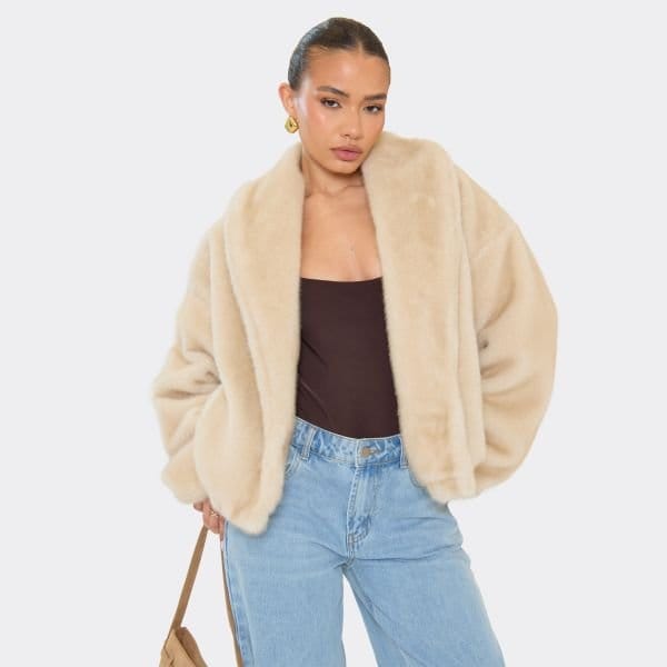 EGO Collared Detail Bomber Coat In Stone Faux Fur, Women's Size UK 6 - 1