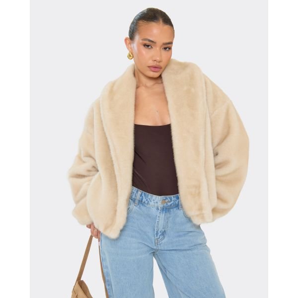 EGO Collared Detail Bomber Coat In Stone Faux Fur, Women's Size UK 6 - 2